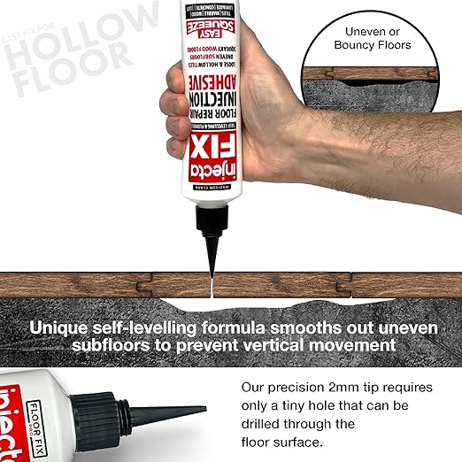 Floor-Fix Pro Eeasy Squeeze 10.1 Fl Oz - Extra Strength - Fix Loose & Hollow Tiles, Squeaky Wood & Laminate - Includes Built in 5/64” Syringe Tip - Adjustable to 5/64. No Sealant Gun Required (3)