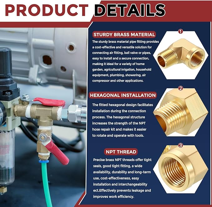 Pack of 2, 90 Degree 1/8" NPT FeMale to 1/8" NPT Male Solid Brass Barstock Street Elbow, Forged Pipe Fitting for Pipe Leak Repair, Bathroom Remodeling, Tool Extensions, Compression
