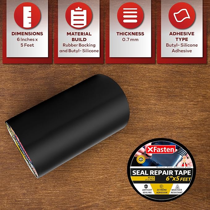 XFasten Waterproof Patch Seal Repair and Leak Shield Tape, 6-Inch x 5-Foot (Black, 6-Inch x 5-Foot)