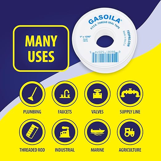 Gasoila PTFE Thread Seal Tape – Professional-Grade, 1 Inch x 1296 Inch, Low-Density Thread Tape for Plumbing and Water Pipes – Leak-Proof Seal, Non-Toxic