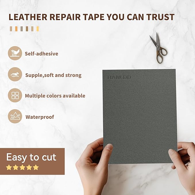 TIANLDD Leather Repair Tape,16 x 80 Inches Self Adhesive Leather Repair Patch，Leather Repair Kit for Furniture，Couches,Car Seats,Cabinets,Handbags(Dark Gray-Fine Lines)