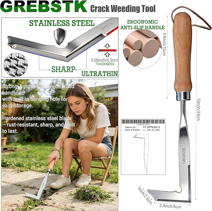 GREBSTK Crack Weeder Crevice Weeding Tool Stainless Steel Manual Weeder Beech Handle Gardening Tool