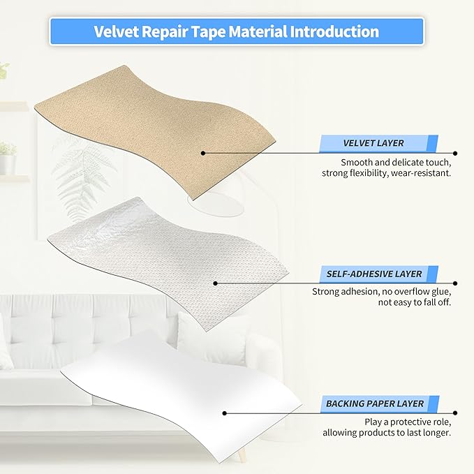 KING MOUNTAIN Couch Fabric Repair Patch, Fabric Patches for Furniture, 4" x 63" Waterproof Velvet Repair Tape for Sofas, Car Seats, Furniture, Upholstery Fabrics and Velvet Goods. （Beige）