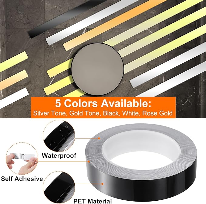 HARFINGTON 2Pcs Floor Tiles Black Foil Lines Metallic Mirror Tape 0.98" x82 Ft Ft Self Adhesive Decor Floor Wall Seam Sticker Waterproof Gap Sealing Tape for Kitchen Bathroom Cabinet