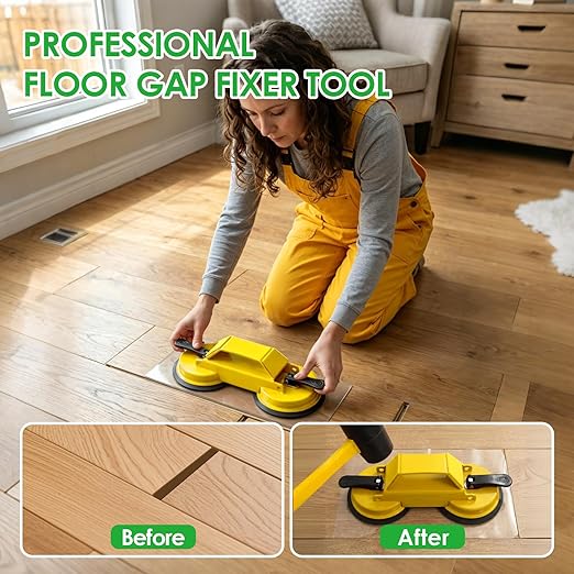Floor Gap Fixer Tool for Laminate Floor Gap Repair, Heavy Duty Dual Suction Cups with 45° Striking Surface, Includes Rubber Mallet, Sticky Pads & Gloves for Vinyl Plank, LVP & Hardwood