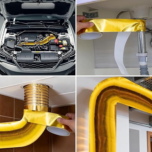 4in x 33FT Aluminum Foil Tape, Fiberglass Heat Shield Tape, Golden Self-Adhesive Heat ReflectiveTape, Exhaust Heat Resistant Tape, for Hose and Auto Use