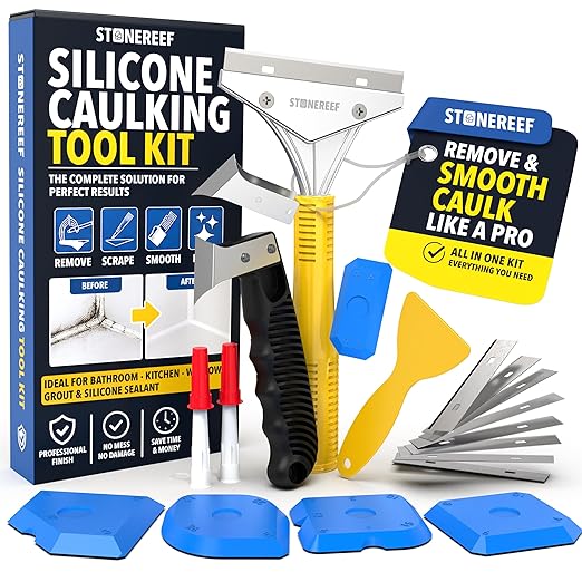Caulking Tool [23-Piece Kit] Professional Stainless Steel Scraper, Silicone Remover & Finisher Tools [10 Blades + 5 Finishers] Heavy Duty Set for Bathroom & Kitchen
