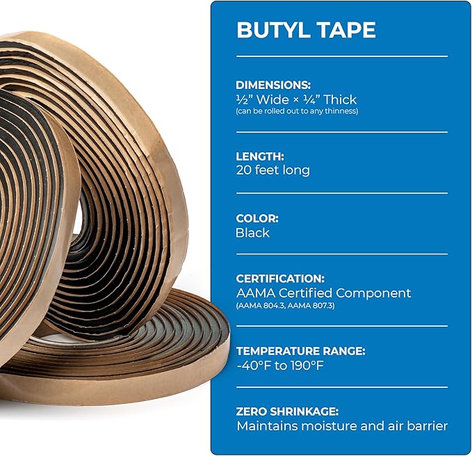 Second Skin Butyl Tape – 3 Roll (20ft x 1/2” x 1/4”) | Black Butyl Sealant Tape for RV, Auto, Marine, Headlight Repair, Window Glazing Tape | Weatherproof & Waterproof, Indoor & Outdoor, Made in USA