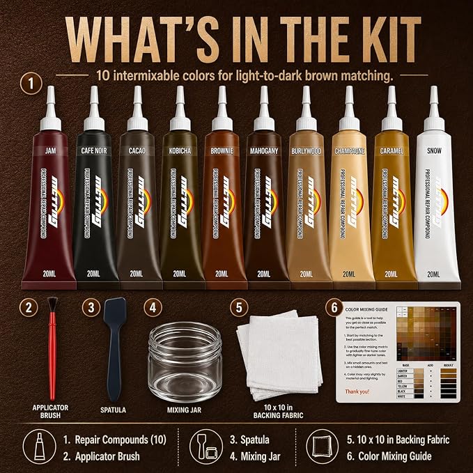Leather & Vinyl Repair Kit for Furniture, Couch, Sofa, Chair, Car Seat | 10 Brown Shades, No Skills Needed, for Cat Scratch, Crack, Tear, Hole on Faux Upholstery, Recliner, Purse, Shoes, Jacket, RV