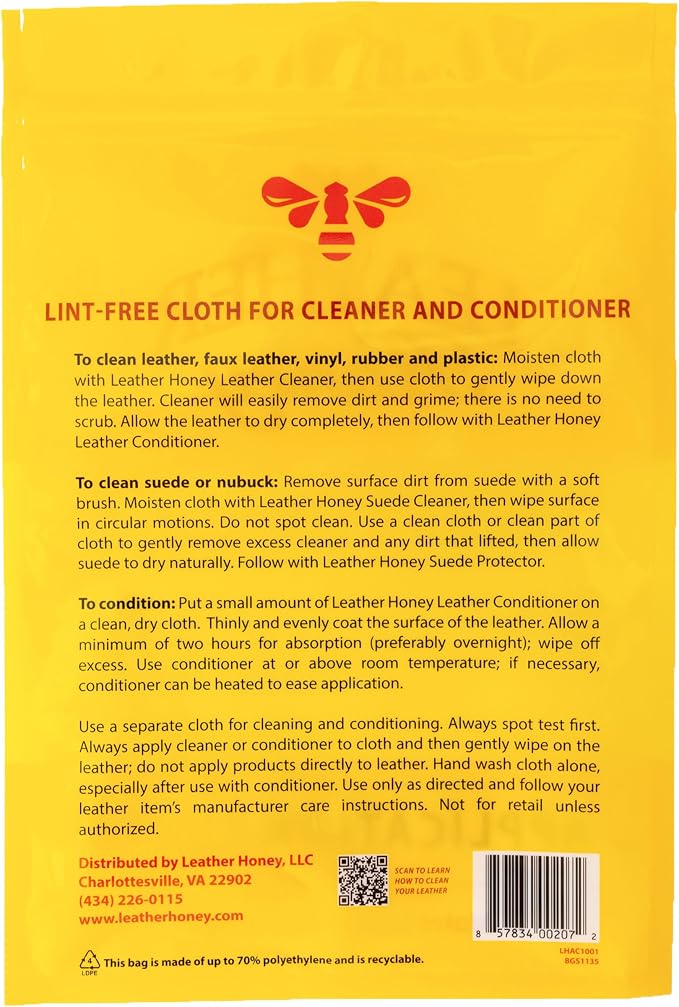 Leather Honey Lint-Free Application Cloth: Microfiber Cloth for Use with Leather Conditioner and Cleaner. Made in The USA Since 1968 (Pack of 2)