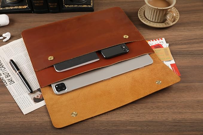 Leather Tablet Sleeve - 12.9 Inch iPad Sleeve, Document Holder Folio File Holder, Genuine Leather Laptop Sleeve Case for Protection and Style-Brown-Custom