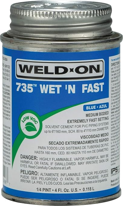 Weld-On 12498 735 Wet 'N Fast Medium-Bodied High Strength PVC Cement - Extremely Fast Setting and Low-VOC, Blue, 1/4 Pint (4 fl oz)