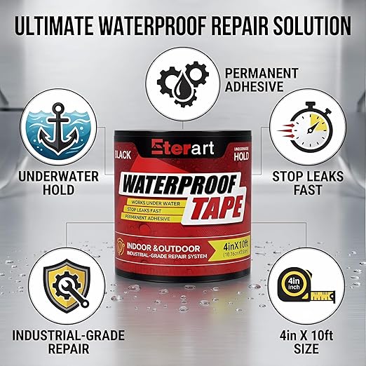 Waterproof Tape Black 4 Inch x 10 FT - Heavy Duty Rubberized Seal Repair for Active Leaks - Fix Roofs, Underwater Pool Liners & Pipes - All-Weather Emergency Patch Tool for Homeowners & Campers