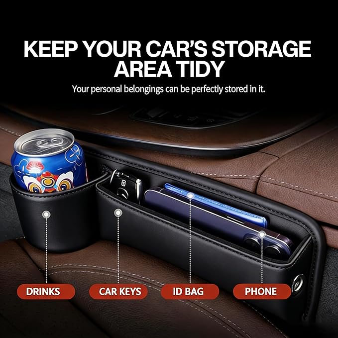 Car Seat Gap Filler Organizer, PU Leather Car Accessories Organizer, for Front Seat,Console Organizer for Phone, Keys and Small Items, It has a cup holder and a long storage slot. （Passenger side）