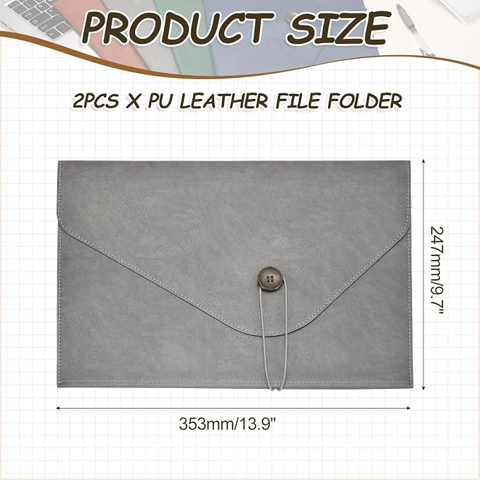 PATIKIL 2Pcs Leather Folder, 14x10 Leather Document Holder File Folder PU Pouch Bag Portfolio File Organizer Button Personal Envelope Waterproof for Traveling Office Men Gift, Gray