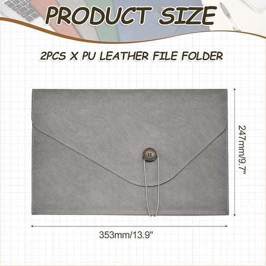 PATIKIL 2Pcs Leather Folder, 14x10 Leather Document Holder File Folder PU Pouch Bag Portfolio File Organizer Button Personal Envelope Waterproof for Traveling Office Men Gift, Gray