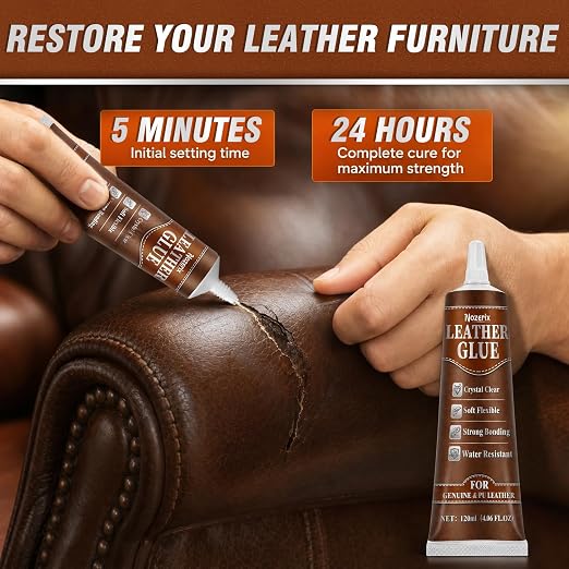 Leather Glue, 120ml Transparent Leather Adhesive, Industrial Strength, Waterproof, Leather Cement with Applicator Brush, Flexible Bond for Shoes, Bags, Sofa, Car Seats, PU and Fabric