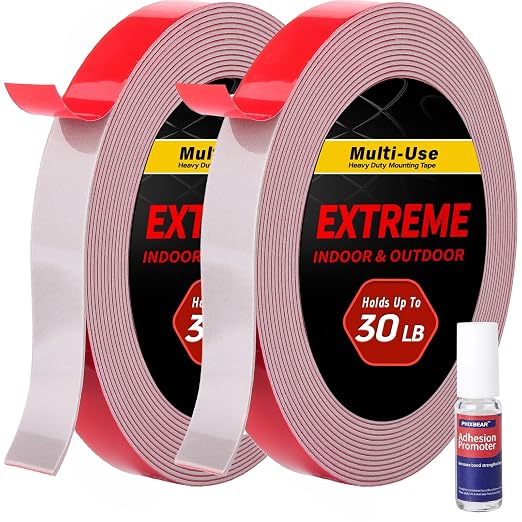PHIXBEAR Super Strong Adhesion, Heavy Duty Double Sided Tape, Waterproof for Indoor & Outdoor Use, Multipurpose Automotive Wall Mounting Foam Adhesive (0.6in×30ft), 2 Rolls