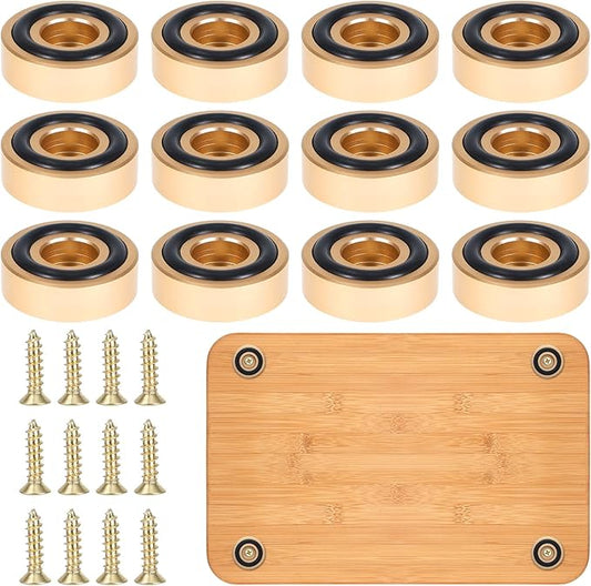 12 Pack Brass Cutting Board Feet with Non Slip Pads 1.18 x 0.39 Inch Gold Aluminum Alloy Legs with Silicone Pads & Screws Kit, Anti-Skid Stabilizers for Chopping Blocks, Furniture & Shelves