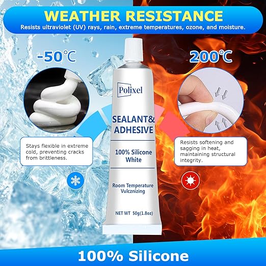 White Silicone Sealant & Adhesive RTV 100% Silicone Caulk Waterproof for Kitchen, Bathroom, Windows & Car High Strength Adhesive All-Purpose Shrink & Crack Proof Caulking - 1.8oz/50g