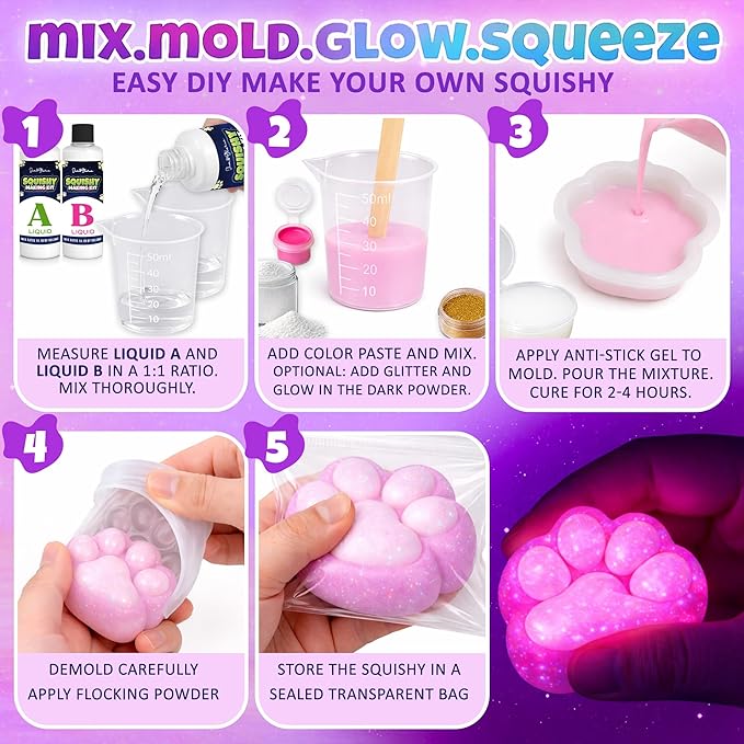 Jim&Gloria Glow in the Dark DIY Squishy Making Kit - Make Your Own Squishies All-in-One Squishy Maker Craft Kit with 1:1 Liquid Silicone, 3 Cute Animal Molds Mini Paw, Capybara, and Bunny Easter Gifts