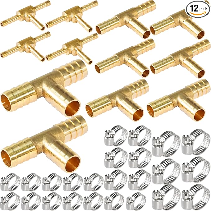 Brass Hose Tee Shaped 3 Way Barb Fitting 5/32" 3/16" 1/4" 5/16" 3/8" 1/2" Splicer Mender Assortment Kits with Stainless Steel Pipe Clamps air hose repair kit for Gas/Fuel/Air
