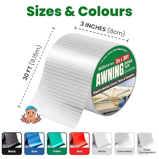 Awning Covers & Tarp Repair Tape - Waterproof Self Adhesive Patch Repair Kit | Patch Tapes for Awnings, Outdoor Canopies, Patio Window Awnings, Gazebos, Tents, RV, Canvas, Boat Covers (Clear Mesh, 3")