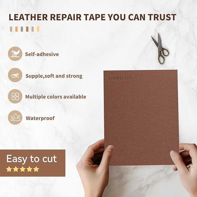 TIANLDD Leather Repair Tape,16 x 80 Inches Self Adhesive Leather Repair Patch，Leather Repair Kit for Furniture，Couches,Car Seats,Cabinets,Handbags(Light Brown-Fine Lines)