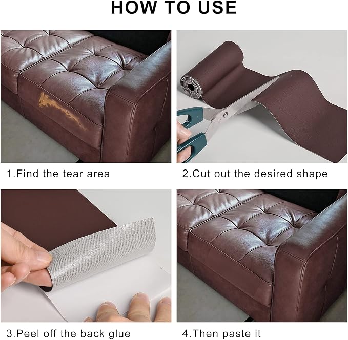 YAFLC Leather Repair Patch for Furniture, 4" x 63" Self Adhesive Leather Repair Kit Vinyl Repair Tape for Car Seat Sofa Jackets Couches Chair Brown
