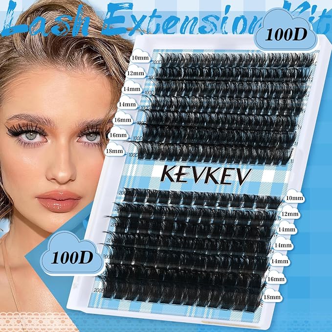 KEVKEV Lash Clusters Kit 231Pcs Volume Lash Clusters Thick Lash Extension Kit 100D+200D Individual Lashes With Lash Bond and Seal Tweezers For DIY Lashes (0.05D,10-18mm)