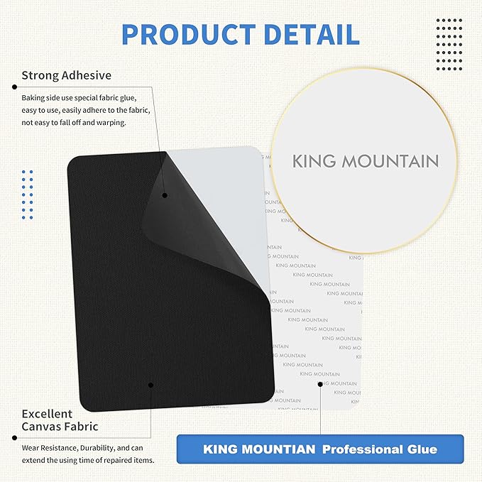 KING MOUNTAIN Canvas Repair Patch 5×8 Inch 8 Pcs Self-Adhesive Waterproof Fabric Patch for Sofas, Tents, Furniture,Tote Bags, Car Seats (Black)