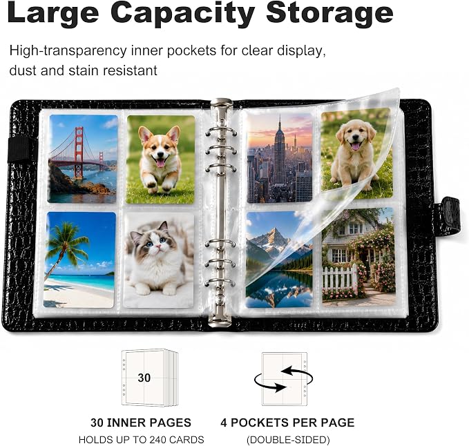 Convend A5 Kpop Photocard Binder,6 Ring Refillable Binder Album with 240 Card Slots,PU Leather Cover,Magnetic Closure for K-pop Photocards,Trading Cards, Game Cards,Black Croc Textured