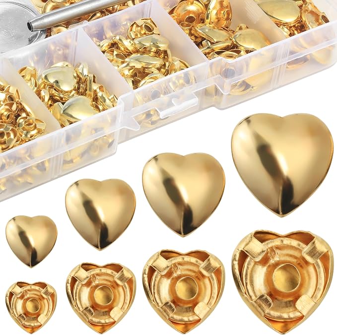 YORANYO 150 Sets Leather Rivets Kit Mixed Sizes Rivets for Leather Heart Studs for Clothing Fabric Gold Color Rivets with Leather Crafting Rivet Tool for Repair Decorate Jackets Shoes Bags Belts Purse