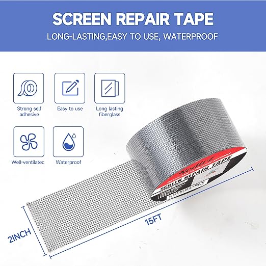 Window Screen Repair Tape, 2 in X 15 FT(180IN) Screen Rrepair Kit for Windows or Doors, Strong Adhesive Screen Patch Repair Kit Mesh Repair (Grey, 15 FT)