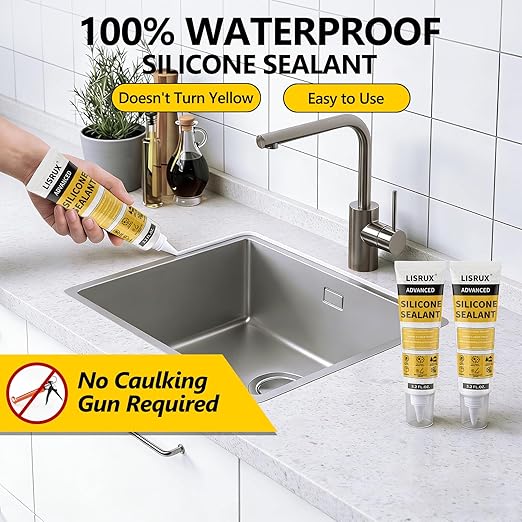LISRUX Advanced White Silicone Caulk for Kitchen & Bathroom - 2 Pack (3.2 Fl Oz Each) | 100% Waterproof Silicone Sealant | Super Strong Adhesion, Shrink & Crack Proof