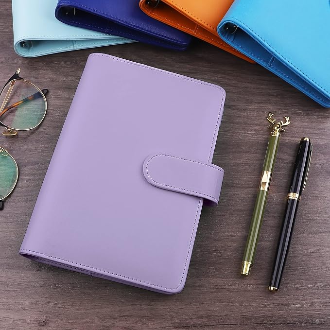 Antner A6 PU Leather Notebook Binder - Refillable 6 Ring for A6 Filler Paper, Loose Leaf Personal Planner Cover With Magnetic Buckle Closure, Purple