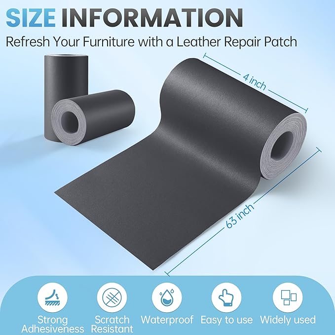 Leather Repair Patch Tape Kit, 4" x 63" Self Adhesive Leather Repair Patch for Furniture, Vinyl Leather Repair Kit for Car Seat, Chairs, Couch, Sofa, Boat Smooth Darkgrey