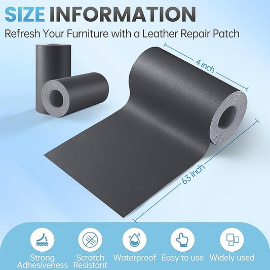 Leather Repair Patch Tape Kit, 4" x 63" Self Adhesive Leather Repair Patch for Furniture, Vinyl Leather Repair Kit for Car Seat, Chairs, Couch, Sofa, Boat Smooth Darkgrey