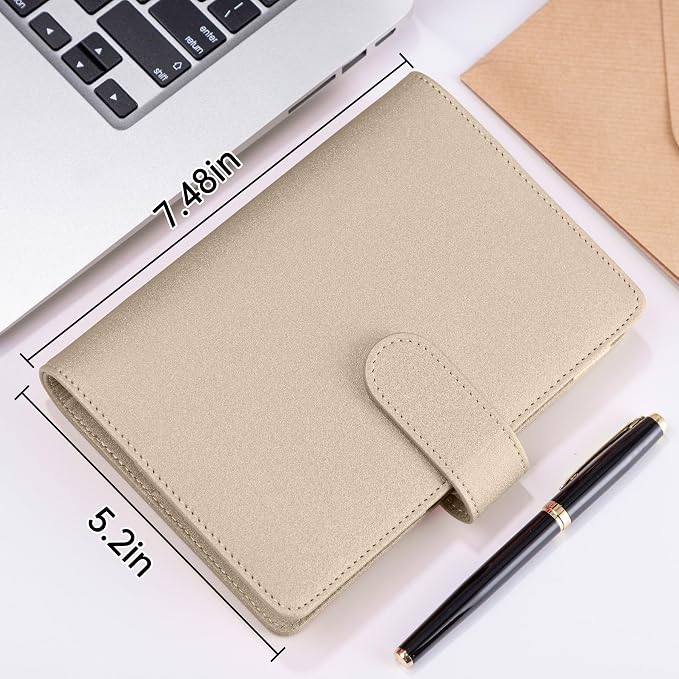 Antner A6 Notebook Binder Refillable 6 Ring Budget Binder Cover for A6 Refill Paper, PU Leather Budget Planner Organizer with Magnetic Buckle, Loose Leaf Personal Planner, Glitter Gold
