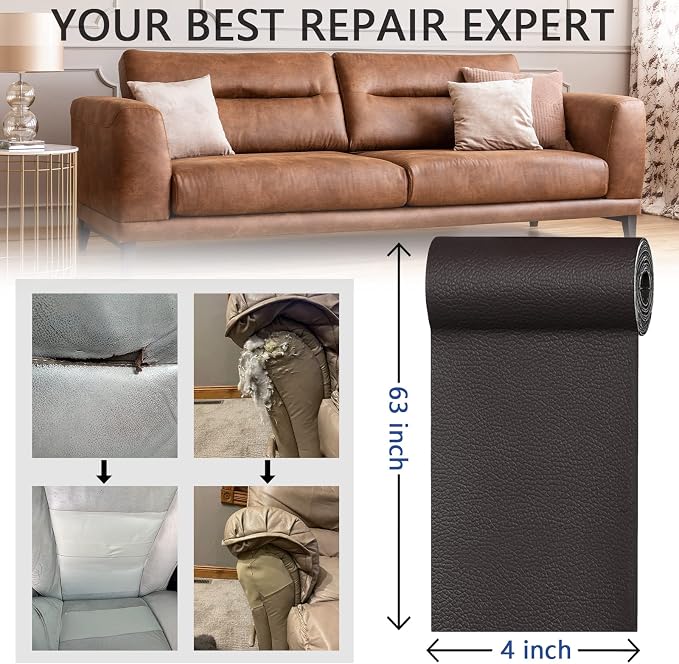 YAFLC Leather Repair Patch for Furniture, 4" x 63" Self Adhesive Leather Repair Kit Vinyl Repair Tape for Car Seat Sofa Jackets Couches Chair Dark Brown