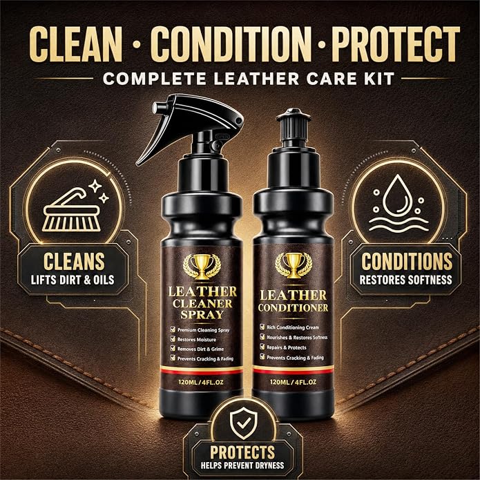 Leather Cleaner and Conditioner, 2-in-1 Leather Care Kit for Car Seats, Furniture, Shoes and Bags, Cleans Dirt and Residue, Enhances Natural Shine and Maintains Smooth Leather, Non-Greasy Formula