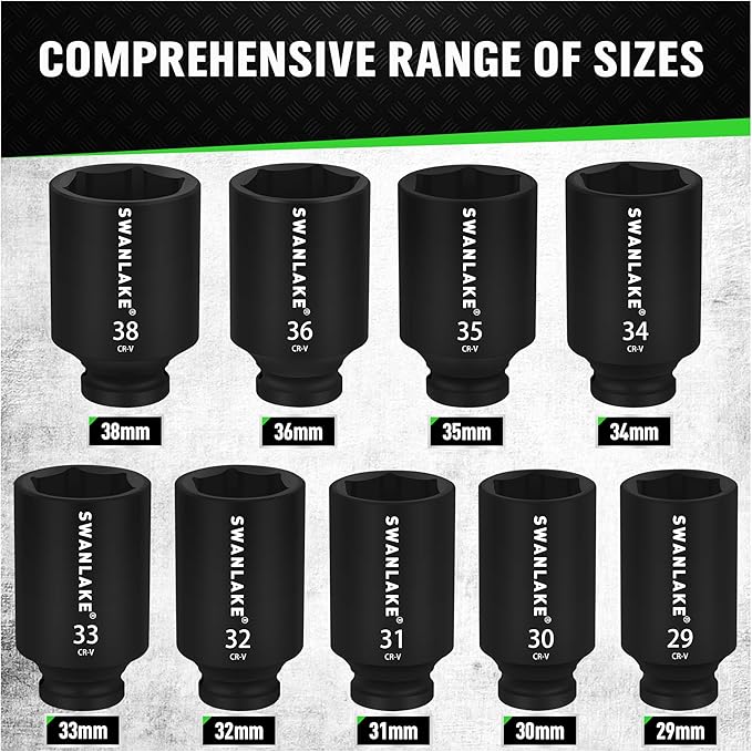 SWANLAKE 9-Piece 1/2" Impact Axle Nut Socket Set, Deep Metric Large Socket Set, 29mm 30mm 31mm 32mm 33mm 34mm 35mm 36mm 38mm, Cr-V Spindle Joint High Torque Wheel Nut Sockets