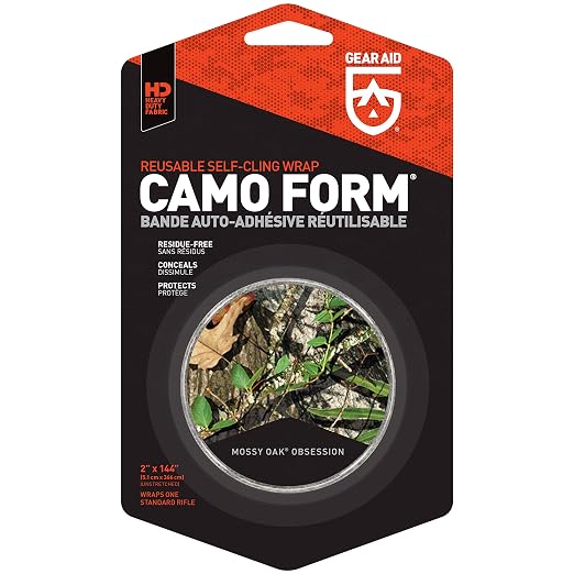 GEAR AID Camo Form Self-Cling and Reusable Fabric Camouflage Wrap, Adds Grip and Shield Hands from Hot or Cold Surfaces to Protect You and Your Equipment, Obsession, 2” x 144” Roll, 1 Pack