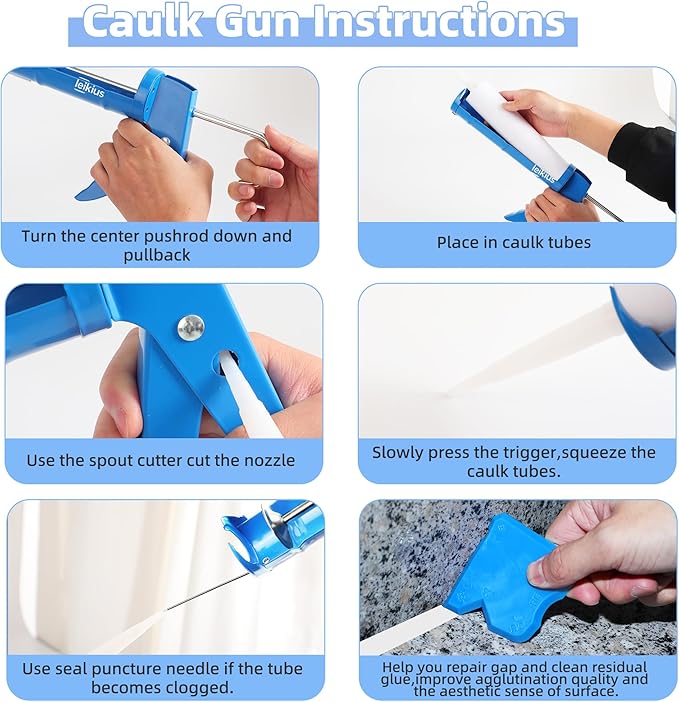 Caulk Gun Kit Smooths No-drip Silicone Caulking Gun and Caulking Tools, Sealant Tools Grout Scraper For Kitchen Bathroom Sink Joint,With Gift Box Works 10OZ Tubes blue
