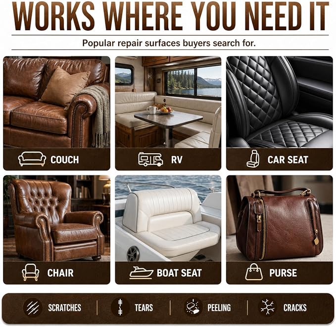 Leather & Vinyl Repair Kit for Car Seat & Interior, Furniture, Couch, Sofa | 10 Colors, No Skills Needed, for Scratch, Tear, Crack, Pet Damage, Hole on Faux Upholstery, Chair, Purse, Shoes, Jacket, RV