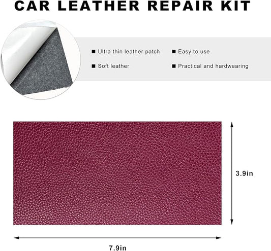 2 PCS Car Leather Repair Kit, 4×8 Inch Waterproof Self Adhesive Leather Repair Patches Kit, Super-Thin Cuttable PU Vinyl Patch Tape for Repairing Car Seats Sofas Chairs (Wine Red)