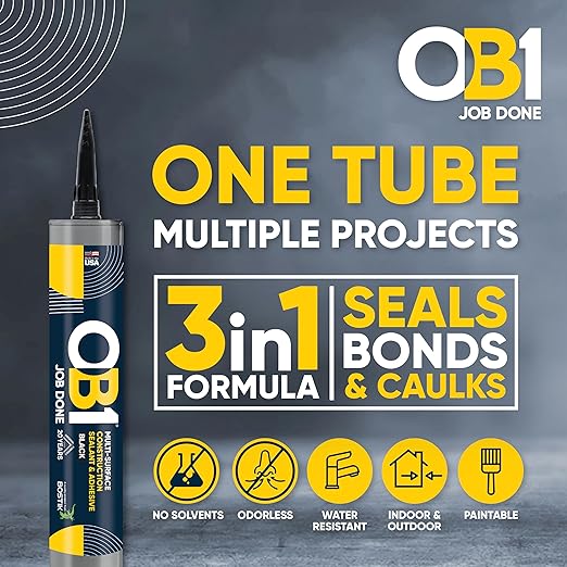 OB1 Universal Caulk Sealant & Adhesive Black 10.1oz | Professional Grade Premium All-in-One Advanced Hybrid 3-in1 | Water Resistant Internal & External | Shrink Crack UV & Fade Resistant | 1 Cartridge