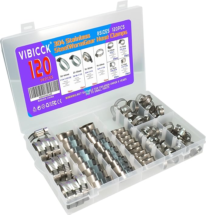 120PCS Hose Clamp Set - 1/4''–1-23/32'' 304 Stainless Steel Worm Gear Hose Clamps for Pipe, Intercooler, Plumbing, Tube and Fuel Line6-44mm (120 Pcs Kit)