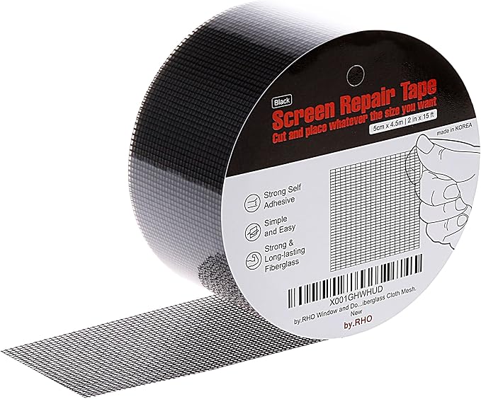 by.RHO Window Screen Repair Kit Tape. Black XL(15FT). 3-Layer Strong Adhesive & Waterproof Fiberglass Covering Wire mesh Repair for Window Screen and Screen Door tears Holes Screen Repair kit