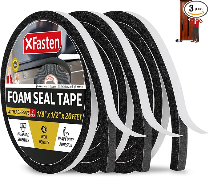 XFasten Black Foam Seal Tape, Self-Adhesive, 1/8" Thick 1/2-Inch x 20-Foot (3-Pack), High-Density Weather Strip Tape for Window, Door Insulation, Neoprene Insulation Foam Tape
